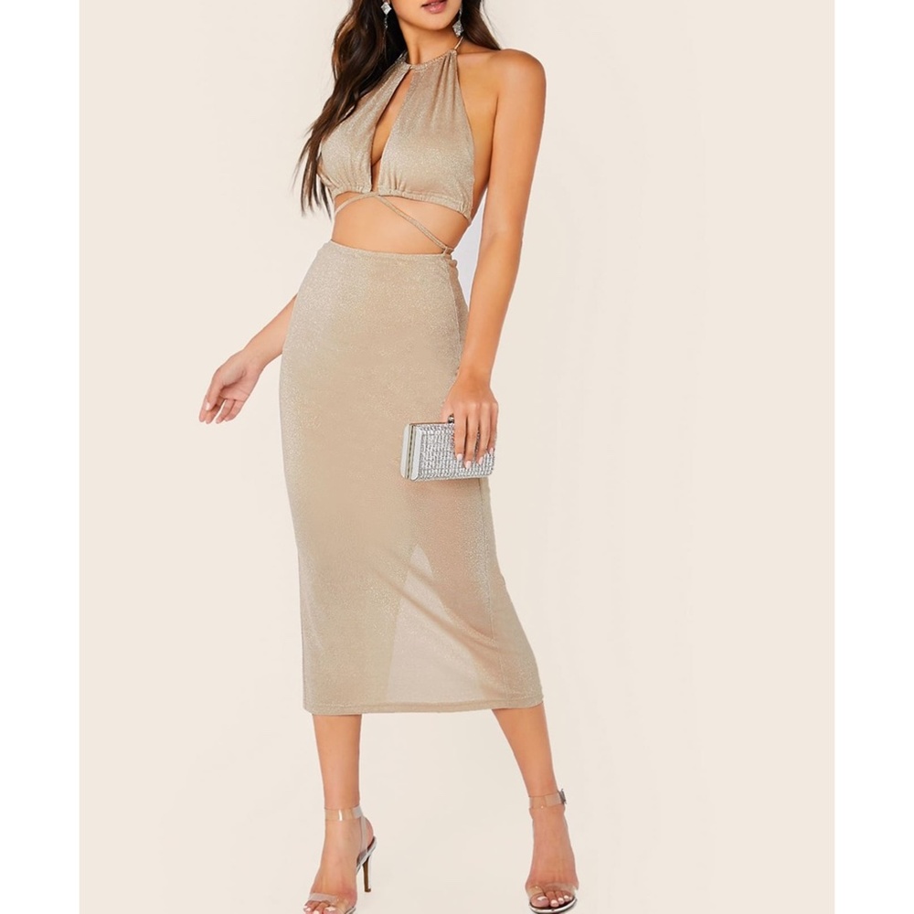 Nude Glitter Cut Out Halter Bodycon Midi Dress - Picture 5 of 6